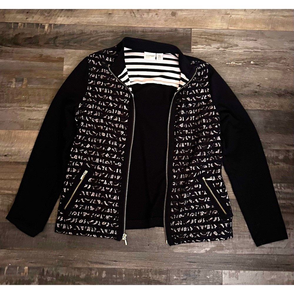 Zenergy by Chico's Women's Black Stripe Full Zip Short Jacket Long Sleeve Size 0